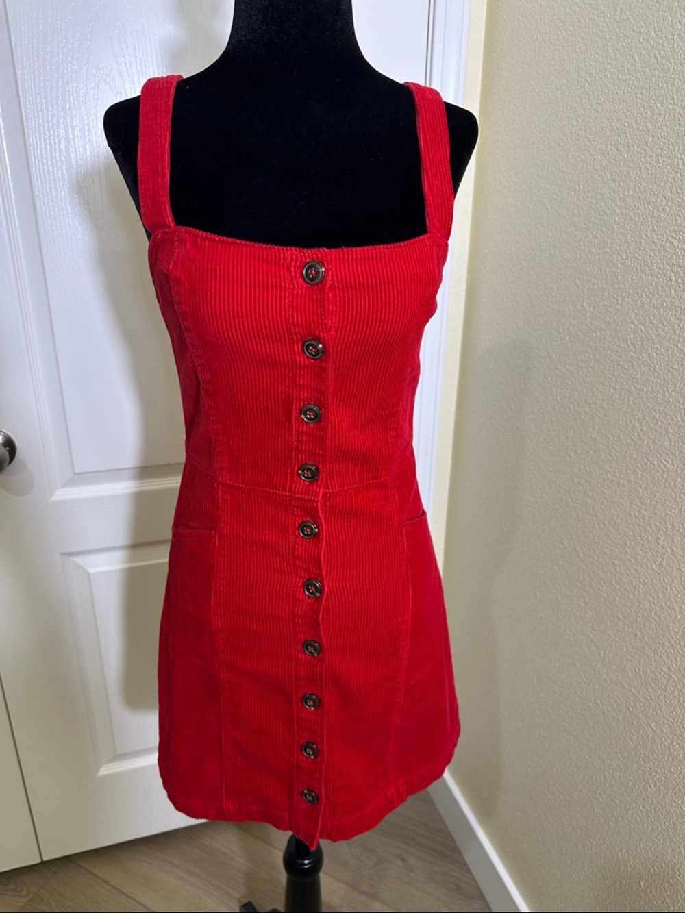 Forever 21 Bright Red Corduroy button up Jumper dress. Small